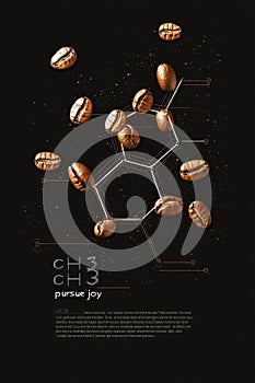 Minimalist graphic design of a caffeine molecule with coffee cup elements on a dark background