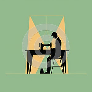 A minimalist graphic of a tailor with fabric. Flat clean illustration style