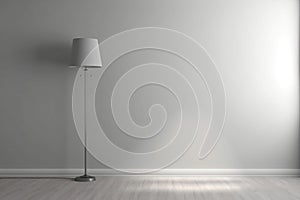 Minimalist gray wall with built-in lighting and floor lamp, perfect for presentations and stylish displays