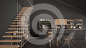 Minimalist gray wooden kitchen, loft with stairs, classic scandinavian interior design