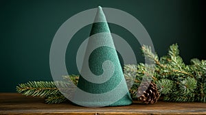 A minimalist green felt Christmas tree with pine branches and cone