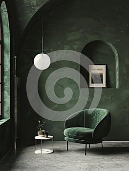 A minimalist green lounge chair in a tranquil corner. Soft lighting and arched niches create a modern sanctuary.