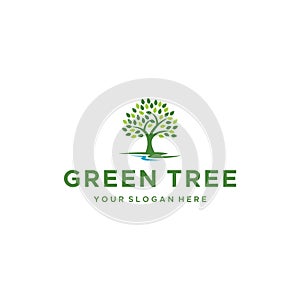 minimalist GREEN TREE leaves river logo design