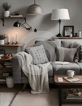 Minimalist Grey Living Room Design: Scandinavian Mockup Interior