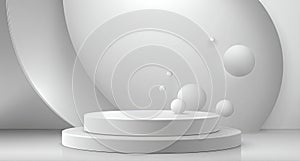 Minimalist White 3D Sphere Podium with Abstract Circular Background