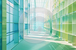 Minimalist grid patterns in light blue and green, representing structure and order