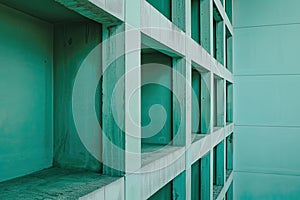 Minimalist grid patterns in light blue and green, representing structure and order