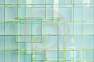 Minimalist grid patterns in light blue and green, representing structure and order