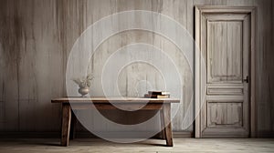 Minimalist Grisaille Wooden Table With Books And Open Door photo