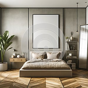 Minimalist haven: modern bedroom interior with warm wood accents