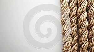 Minimalist hemp rope on white background with intricate woven fibers and play of light and shadow