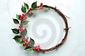 Minimalist holiday wreath featuring natural red berries and glossy green leaves for use in festive branding photo