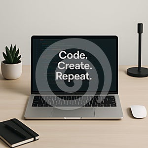 Minimalist Home Office Desk with Laptop Displaying Code Create Repeat Text for Programmers and Developers