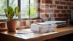 Minimalist Home Office: White Stapler, Yellow Notebook, and Neatly Arranged Lined Paper on Dark Br