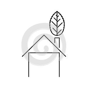 Minimalist house logo with leaf in line art. Eco home vector icon. Ecology and sustainability concept. photo