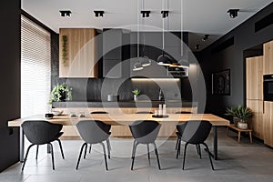 minimalist house, with sleek and modern kitchen and dining area, against minimalist background