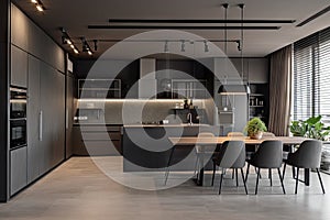 minimalist house, with sleek and modern kitchen and dining area, against minimalist background