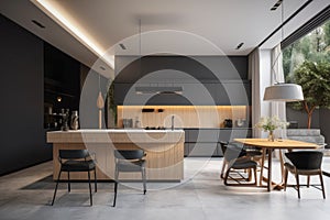 minimalist house, with sleek and modern kitchen and dining area, against minimalist background