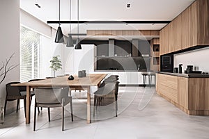 minimalist house, with sleek and modern kitchen and dining area, against minimalist background