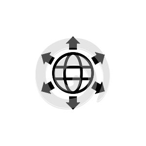 A minimalist icon representing global interconnectivity and digital communication, with arrows pointing outward from a photo