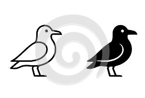 Minimalist Icon, Vector Seagull, black and white, outline and silhouette versions