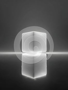 Minimalist illuminated cube with reflection in a sleek, modern setting