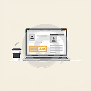 A minimalist illustration features a laptop displaying a user interface with icons