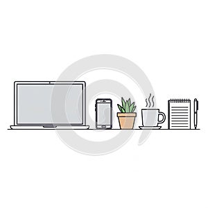 Minimalist illustration featuring a workspace setup. Includes a laptop, a smartphone,