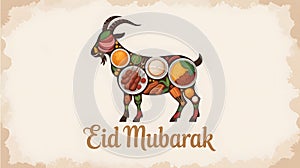 Minimalist illustration of a goat of Silhouette filled with various traditional dishes. photo