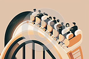 minimalist illustration of group of people riding roller coaster, with the ride in motion