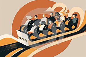 minimalist illustration of group of people riding roller coaster, with the ride in motion
