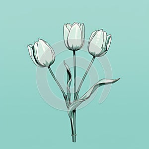 Minimalist Illustration Of Three White Tulips On Blue Background