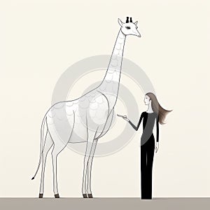 Minimalist Illustration Of A Woman Waving At A Giant White Giraffe