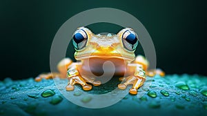 Minimalist image of a frog perched on a green leaf