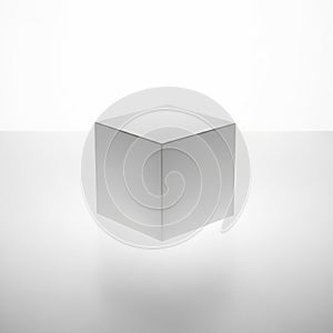 Minimalist image of a white three dimensional cube suspended
