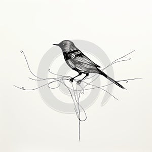 Minimalist Ink Drawing Of A Bird On An Ornamental Branch