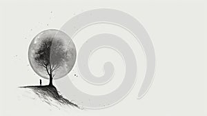 Minimalist Ink Painting Of Woman In Front Of Moonlit Tree