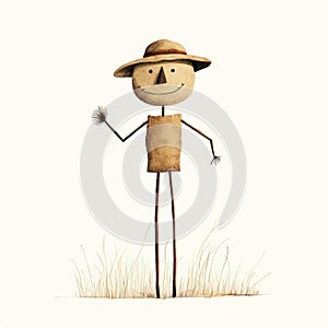 Minimalist Ink Wash Cartoon Scarecrow Standing In Grass