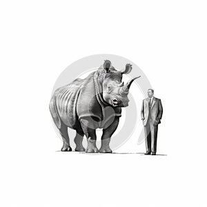 Minimalist Ink Wash Illustration Of Man And Rhinoceros