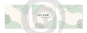 Minimalist instagram post templates in green colors. Abstract organic shapes vector backgrounds with place for text