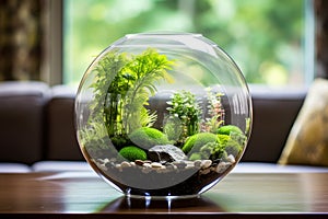 Minimalist interior design bright living room with planted fish bowl and vivarium