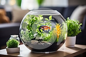 Minimalist interior design featuring planted fish bowl vivarium in bright living room