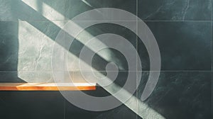 Minimalist interior design with grey tile texture and wooden shelf