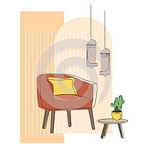 Minimalist interior design line drawing.Fragment of a fashionable interior with a stylish armchair.Vector