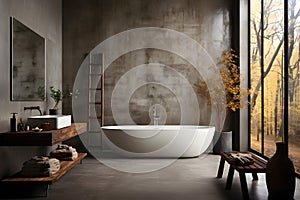 Minimalist interior design of a modern bathroom, natural lighting, by Generative AI
