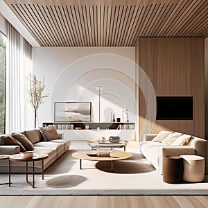 Minimalist interior design of modern living room with two sofas and wooden planks ceiling. Created with generative AI