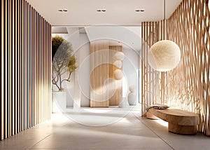 Minimalist interior design of modern rustic entrance hall with with abstract wooden room divider. Created with generative AI