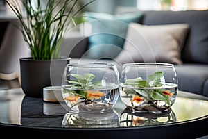 Minimalist interior design planted fish bowl and vivarium in bright living room