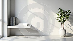 Minimalist interior design white wall, shelf, books, and potted plant in sunlight. Generative AI