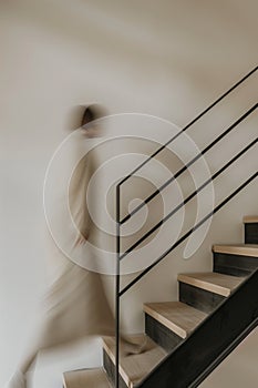 minimalist interior design, white walls with wooden beams on the ceiling, wood staircase, light brown stairs handrail